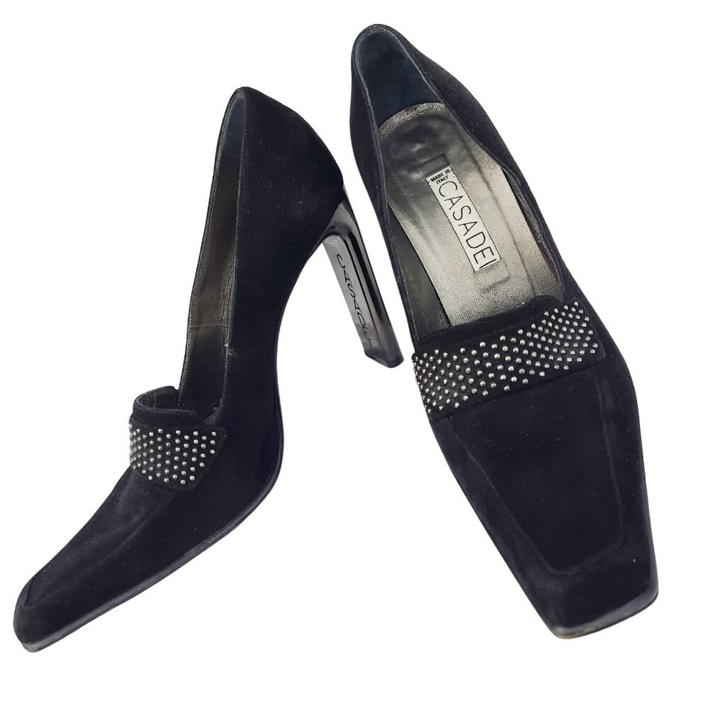 Vintage 90s Casadei Heels Square Toe US Size 8 Black Suede Studded Pumps